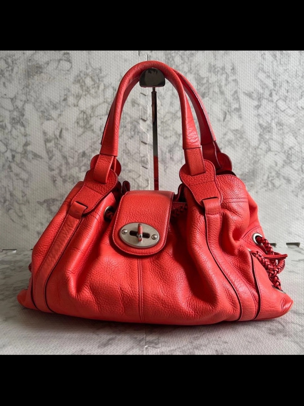 Mulberry Red Pebbled Leather Shoulder Bag with Turn-Lock Flap